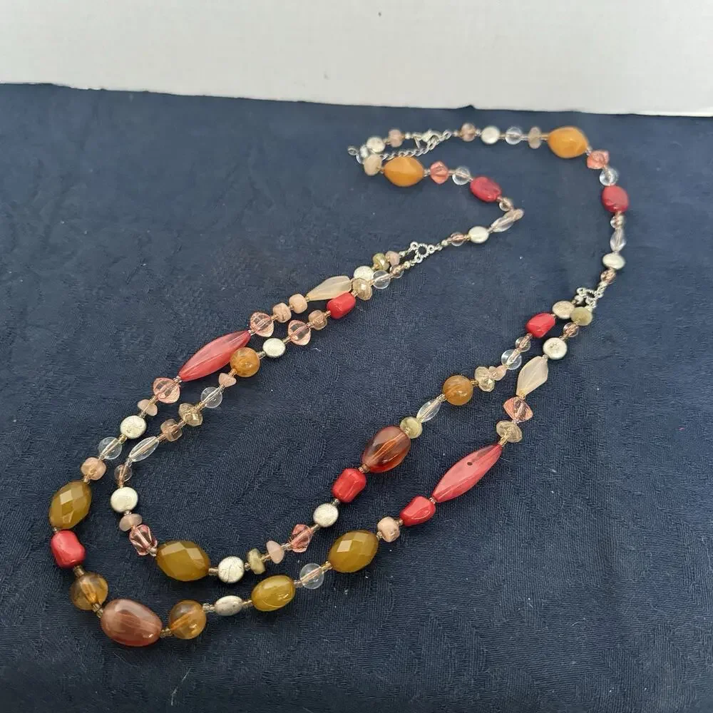 Vintage Avon NR Beaded Necklace Orange Red Beads Silvertone‎ Chain Two Strand